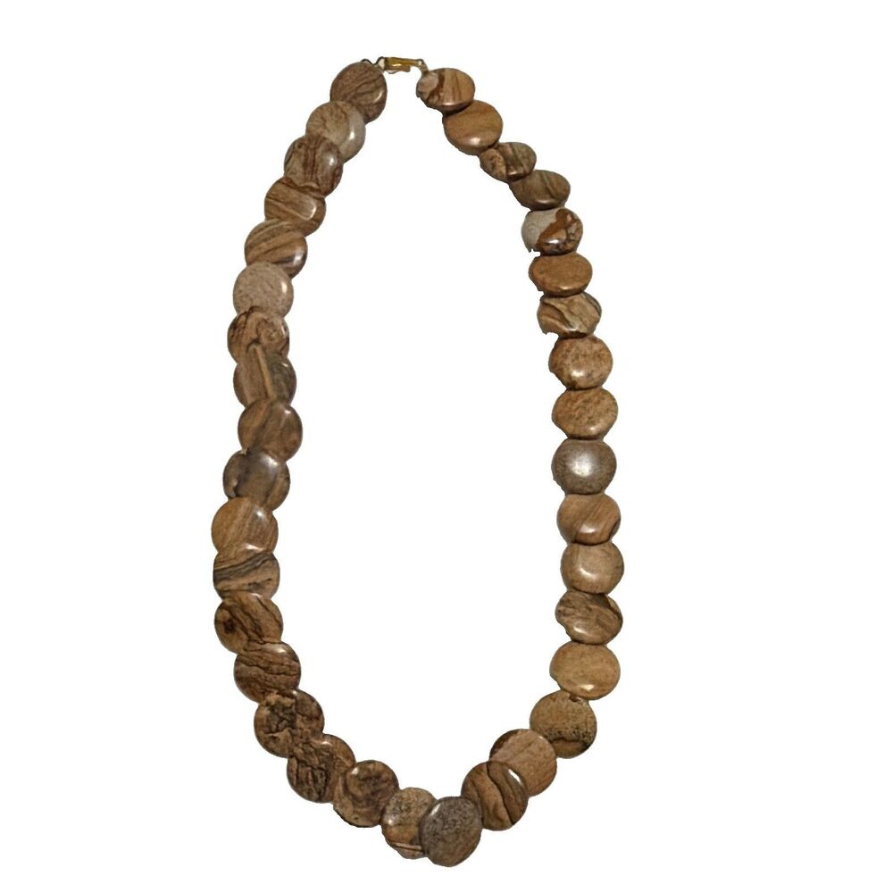 Vintage Picture Jasper Graduated coin Bead Necklace Stone Earthy Tones